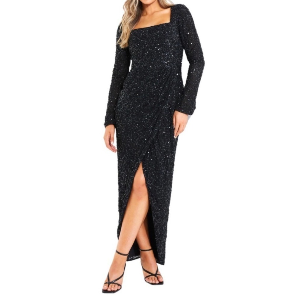 QUIZ Long Sleeve Faux Wrap Sequin Formal Gown Evening Dress Black Size 4 New